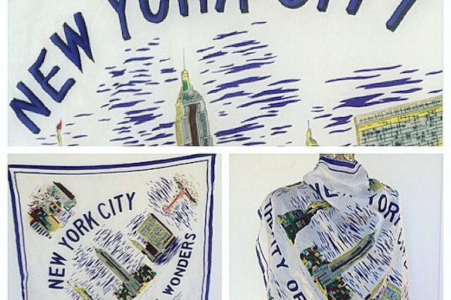 1950s NYC Vintage ScarfThere are some gorgeous old NYC items on Etsy, and one of our favorites is this 1950s scarf, which features Coney Island, the Statue of Liberty, the UN, the Empire State Building, and more. (Etsy, $29. And you may find more searching, here's another for $25)  Etsy and eBay are great places to find vintage NYC treasures, of all prices, and all decades. Here are a few more:Above is a felt pennant from the 1960s. ($6.75)Want to find the nearest streets to most avenues (circa 1953)? Look no further than this Handy Andy's Street Director brochure. ($19.95)A 1986 New York Marathon... sweater? Sure. ($475)A 1960s subway map and guide from the New York Transit Authority. ($54.95)And over on eBay, check out this 1970s Subway Sun poster.